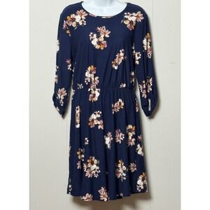 French Grey Women's Navy Blue Floral Long Sleeve Elastic Waist Dress Size  M
